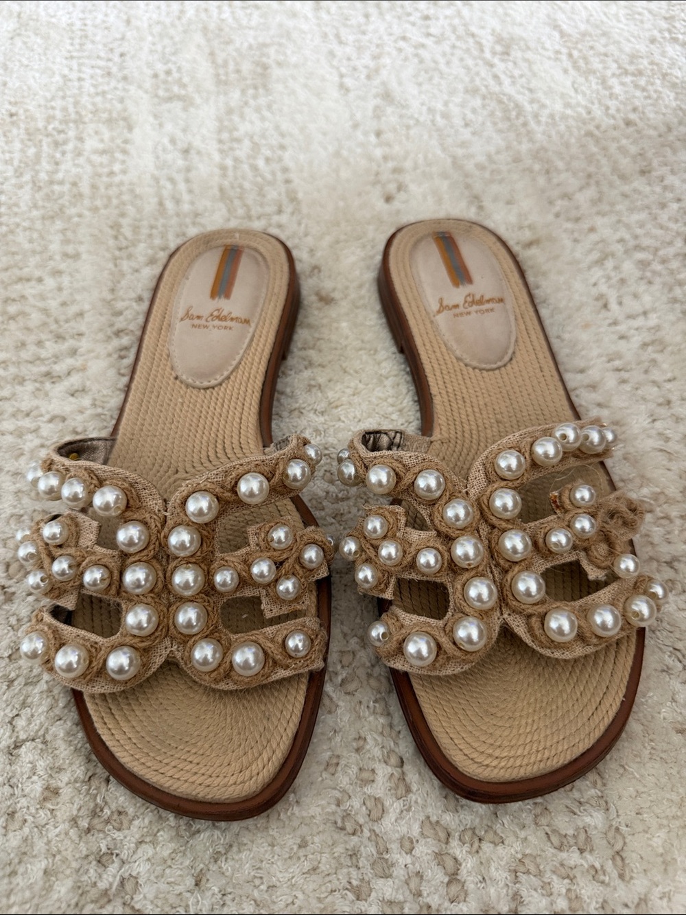 Sam Edelman Tan Pearl-Embellished Woven Slide Sandals
